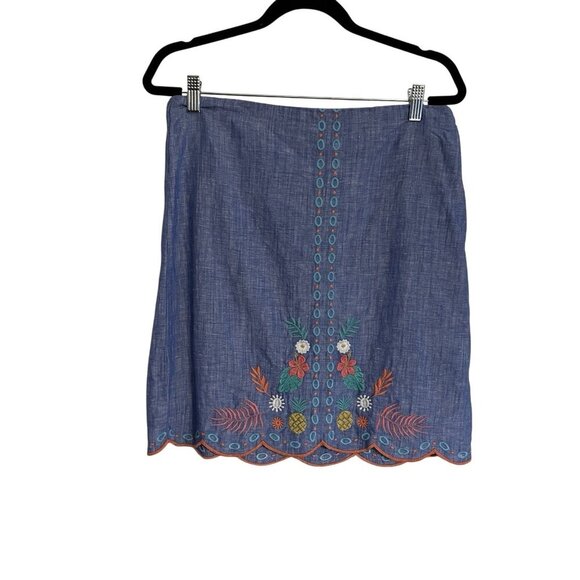 Talbots Women 6 Blue Linen Cotton Preppy Scalloped Hem Embroidered A-Line Skirt - Picture 2 of 10